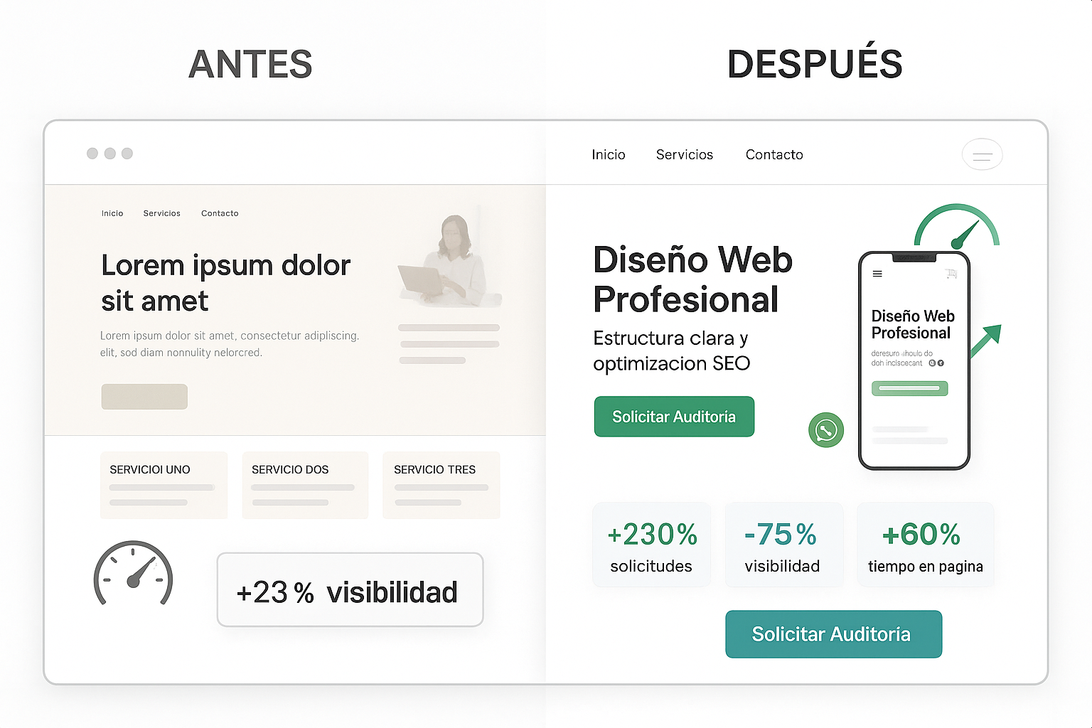 Comparativa antes y después de un rediseño web con mejoras de velocidad, SEO y conversiones